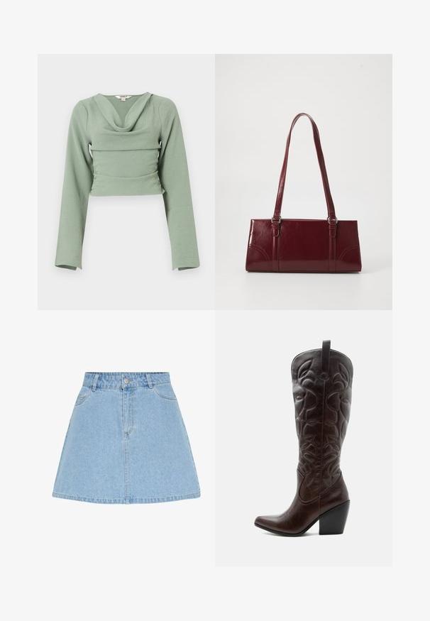 Haut à manches longues coupé dans un doux tissu vert menthe texturé. Présente un col drapé et un design ajusté, avec un détail de couture horizontale.; Jupe trapèze en denim bleu clair avec fermeture avant par boutons et zip, passants pour ceinture et deux poches avant.; Botte de cowboy haute en cuir marron foncé avec motifs décoratifs cousus, bout pointu et talon bloc empilé.; Sac à main bordeaux en matériau brillant, de forme rectangulaire, avec deux anses et des accents légèrement courbés à l'avant.
