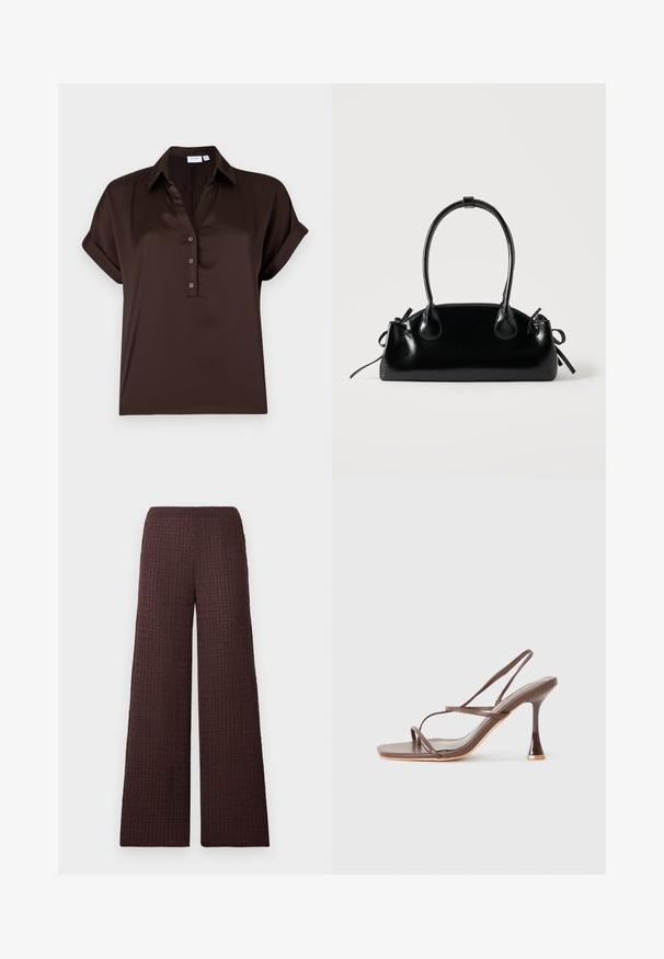 Blouse marron foncé à manches courtes avec revers roulés, un col et une patte de boutonnage à trois boutons, posée à plat sur un fond blanc.; Pantalon marron à jambes larges avec une ceinture élastique, conçu dans un tissu froissé et de longueur complète.; Sandale à talon haut marron à brides, avec un bout carré, des brides élégantes, une finition brillante et un talon courbé distinct.; Petit sac à main noir brillant avec deux longues anses et des détails à cordon sur les côtés sur un fond clair uni.