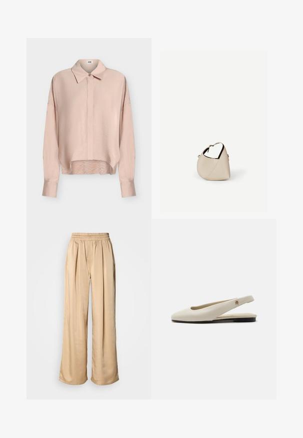Blouse rose clair à manches longues, col pointu, patte de boutonnage à l’avant, épaules tombantes et ourlet légèrement incurvé.; Pantalon beige à jambes larges avec taille élastique et plis à l'avant, fabriqué en tissu lisse et brillant.; Chaussure plate slingback en cuir couleur crème avec un bout arrondi et un petit emblème doré sur la bride.; Sac à main en cuir beige en forme de croissant avec une seule bandoulière et des coutures minimalistes, posé sur un fond blanc uni.
