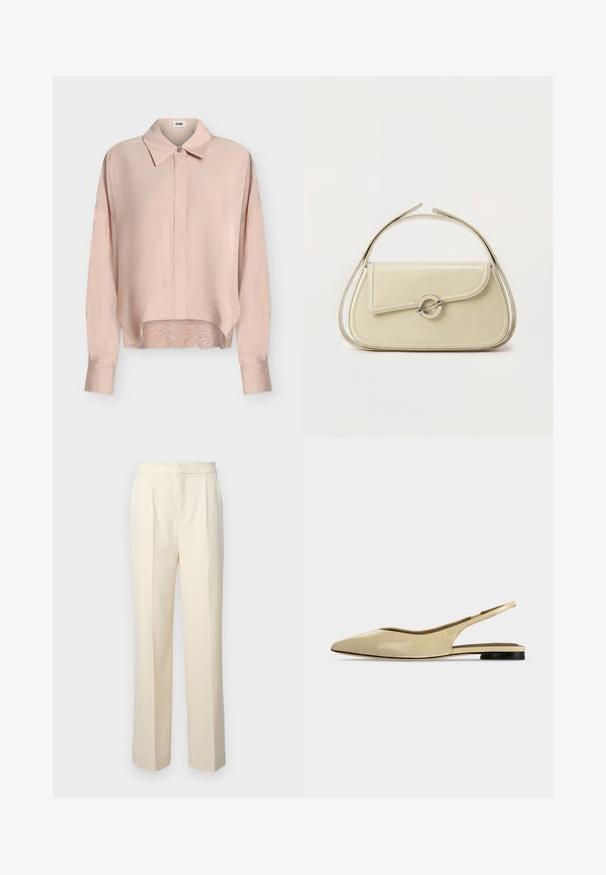 Blouse rose clair à manches longues, col pointu, patte de boutonnage à l’avant, épaules tombantes et ourlet légèrement incurvé.; Pantalons taillés de couleur crème avec une jambe droite, présentant des plis sur le devant et une finition lisse. La taille est plate et sans ornements.; Chaussure plate beige à bout pointu avec bride arrière, petit talon noir et finition en cuir lisse, vue de côté sur un fond uni.; Sac à main en cuir crème avec rabat incurvé, fermoir circulaire en argent et poignée courte sur le dessus, sur fond blanc uni.