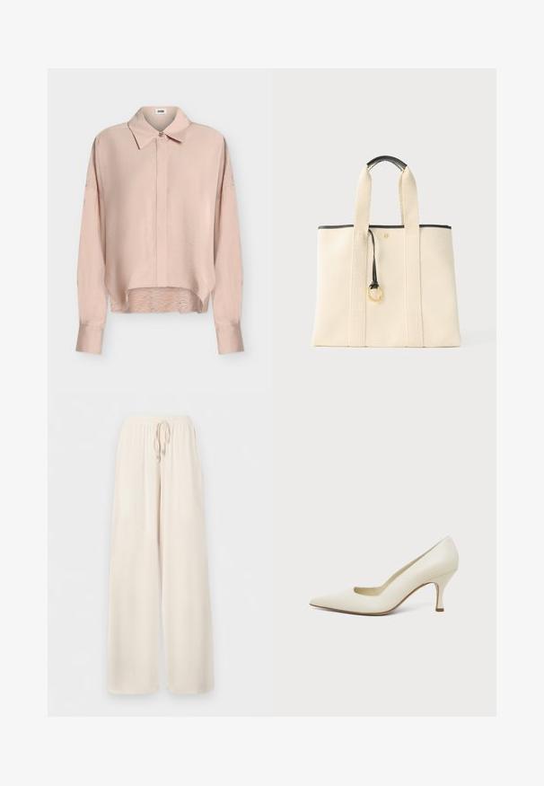 Blouse rose clair à manches longues, col pointu, patte de boutonnage à l’avant, épaules tombantes et ourlet légèrement incurvé.; Pantalon ample de couleur crème avec ceinture élastique et cordon de serrage, fabriqué en tissu léger.; Chaussure à talon haut en cuir couleur crème, à bout pointu et talon fin de hauteur moyenne, sur un fond clair uni.; Sac fourre-tout en toile crème avec larges anses, poignée à bord noir et détail d'anneau doré suspendu au centre avant.