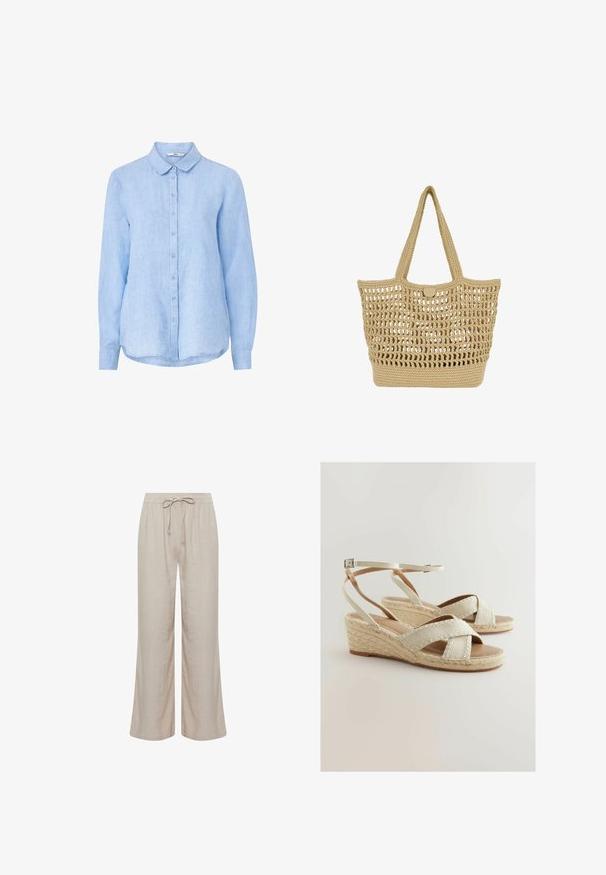 Chemise en lin bleu clair avec un boutonnage à l'avant, col pointu, manches longues et ourlet arrondi. Présente un tissu doux et texturé.; Pantalon large en lin beige clair avec taille élastique et cordon de serrage, vue de face sur fond blanc.; Sandales compensées beiges avec une tige en textile, des brides croisées, une plate-forme en jute tissé et une sangle de cheville ajustable. Semelle lisse.; Sac cabas tissé beige avec motif en maille ajourée, fond solide, deux bretelles et petite fermeture ronde par bouton en haut au centre.