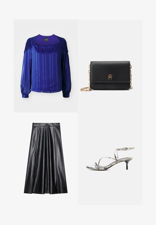 Blouse violette avec des manches longues et transparentes, des rayures verticales et des accents texturés aux épaules. Tissu lisse avec un léger brillant.; Jupe A-line en cuir noir avec plis, présentant une texture lisse, une taille cintrée et des détails de couture visibles. Aucun accent supplémentaire.; Sandale à talon haut à brides avec un motif cuir de serpent, fines brides, boucle à la cheville et talon noir fin sur fond blanc.; Sac bandoulière en cuir synthétique noir avec une chaîne dorée, doté d'une fermeture à rabat magnétique et d'un détail de logo en relief à l'avant.
