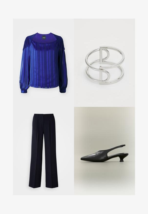 Blouse violette avec des manches longues et transparentes, des rayures verticales et des accents texturés aux épaules. Tissu lisse avec un léger brillant.; Pantalon large marine avec plis, réalisé en tissu lisse. Doté d'une ceinture ajustée et d'une silhouette épurée.; Chaussure à bride arrière en cuir noir avec bout pointu et petit talon bas sur fond neutre.; Bracelet en métal argenté avec un design à double boucle, fini lisse et brillant, et un accent géométrique minimaliste.