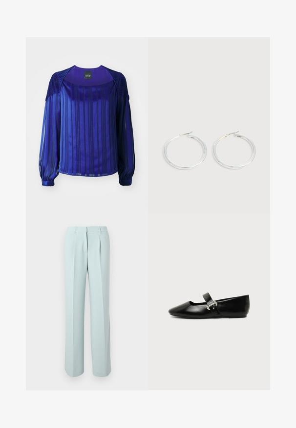 Blouse violette avec des manches longues et transparentes, des rayures verticales et des accents texturés aux épaules. Tissu lisse avec un léger brillant.; Pantalon bleu clair taille haute avec plis devant, passants de ceinture et jambes larges et droites sur un fond blanc.; Chaussure plate Mary Jane en cuir noir avec bout arrondi et bride à boucle argentée sur fond uni.; Paire de boucles d'oreilles créoles argentées brillantes avec fermoirs en fil fin, présentée sur un fond gris clair.