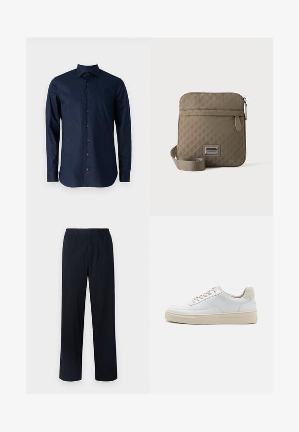 Chemise à manches longues bleu marine en coton, avec un design à boutons, col pointu et boutons noirs sur le devant.; Pantalons navy avec une taille élastique, coupe droite, tissu texturé et sans poches ni embellissements visibles.; Sneaker blanche avec un dessus en cuir lisse, des lacets beige et un onglet de talon en daim beige texturé. Semelle surélevée pour une hauteur supplémentaire.; Sac bandoulière beige avec sangle réglable, poche avant zippée et motif géométrique embossé, avec une petite plaque logo en métal.