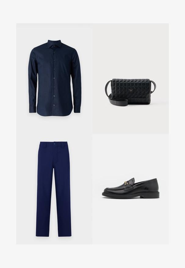 Marineblaues Langarmhemd aus Baumwolle mit Knopfverschluss, spitzem Kragen und schwarzen Knöpfen auf der Vorderseite.; Marineblaue Hose mit Knopf und Reißverschluss, geradem Schnitt, flachem Bund und seitlichen Taschen; aus glattem, leichtem Material gefertigt.; Schwarze Lederleter mit einer abgerundeten Zehenpartie, ausgestattet mit goldenen Hardwareakzenten und Stichdetails, auf einer niedrigen, strukturierten Gummisohle.; Schwarze, strukturierte Umhängetasche mit Klappverschluss und kleinem Metalllogo auf der Vorderseite, vor einem schlichten Hintergrund präsentiert.