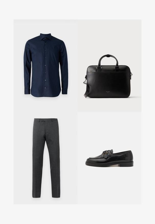 Camisa de manga larga azul marino de algodón, con diseño abotonado, cuello puntiagudo y botones negros en el frontal.; Pantalones rectos grises hechos de un tejido texturizado, con un frente plano y bolsillos laterales, que ofrecen una silueta limpia y a medida.; Mocasines de cuero negro con punta redonda y un acento decorativo de hebilla. Tacón plano y sólido, con una textura suave en todo el zapato.; Maletín de cuero negro con dobles asas, correa de hombro desmontable y pequeño texto con el logo en el frente, sobre un fondo claro y liso.
