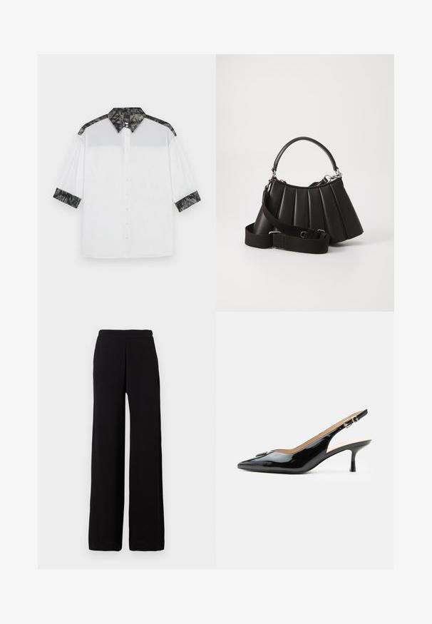 Camisa blanca con cuello texturizado negro y acentos en los hombros, mangas cortas y un frente con botones decorativos.; Pantalones negros de pierna ancha hechos de tela suave con una cintura elástica, con un diseño limpio y sin patrones o detalles visibles.; Tacón slingback de charol negro con puntera puntiaguda, tacón pequeño tipo kitten y correa con hebilla plateada sobre un fondo blanco liso.; Bolso de mano negro con pliegues, manejo redondeado, correa ajustable y textura brillante. Presenta herrajes plateados y una silueta estructurada.