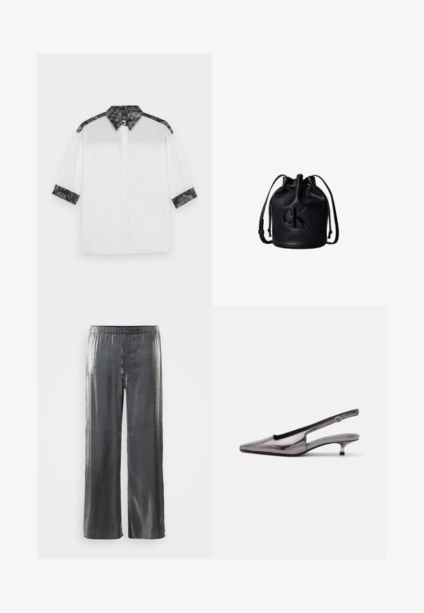 Camisa blanca con cuello texturizado negro y acentos en los hombros, mangas cortas y un frente con botones decorativos.; Pantalones de pierna ancha en gris metálico con una cinturilla elástica, textura suave y un diseño fluido que enfatiza un ajuste relajado.; Zapato slingback gris metálico con punta puntiaguda, tacón bajo tipo kitten y correa ajustable sobre fondo blanco.; Bolso tipo saco negro de cuero con cordón ajustable y logo "cK" en relieve en la parte delantera.