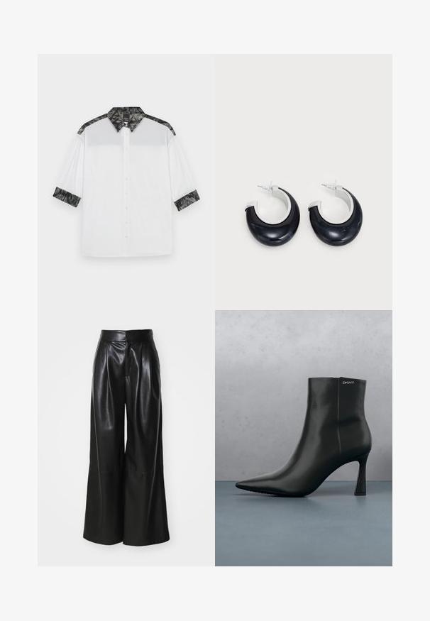Camisa blanca con cuello texturizado negro y acentos en los hombros, mangas cortas y un frente con botones decorativos.; Pantalones de cuero sintético negros de pierna ancha con una cintura alta, frente plisado y textura suave. Presenta un diseño limpio y minimalista.; Botín de cuero negro con punta afilada y un tacón geométrico. Presenta un sutil branding y una textura suave. El fondo tiene baldosas con textura.; Pendientes de aro de resina negra con acabado brillante y acentos de hardware en tono plateado. Forma circular con un corte y cierre a presión.