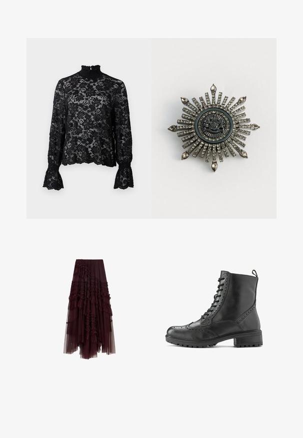 Zwarte kanten top met een hoge hals, lange mouwen en uitlopende manchetten. Heeft een bloemenpatroon en een getextureerde afwerking. Lichtgewicht en semi-transparant.; Bordeaux tulle rok met gerimpelde lagen, elastische tailleband en variërende lengtes, met een zachte, lichte textuur.; Zwarte leren enkellaars met brogue details, vetersluiting, robuuste zool en een lusje bij de hiel voor gemakkelijk aan- en uittrekken.; Stervormige broche van zilverkleurig metaal met transparante rhinestones. Het centrale ontwerp heeft een ronde embleem met complexe details.