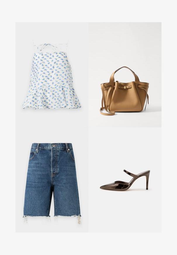 Hvid ærmeløs kjole med blomsterprint i blå og grøn. Har en volangkant og justerbare stropper. Let vævning, delikat tekstur.; FRAME THE LEISURE - Denimshorts - blue; Skinnende mørkebrune mule med spids tå og høje hæle med en tynd rem over foden på en ensfarvet hvid baggrund.; Tory Burch ROMY PEBBLED SATCHEL - Håndtasker - tiramisu