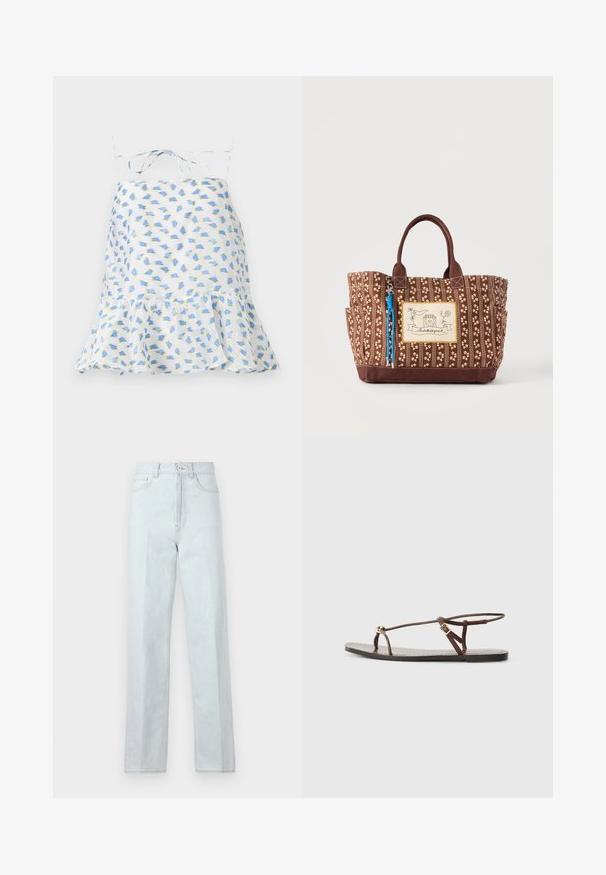Vestido blanco sin mangas con estampado floral en azul y verde. Cuenta con un dobladillo con volantes y tirantes ajustables. Tejido ligero, textura delicada.; Jeans de mezclilla de tono azul claro, de pierna ancha y con cintura alta, que cuentan con una cremallera frontal, cierre de botón y diseño clásico de cinco bolsillos.; Sandalia de cuero marrón con tiras finas, un acento circular dorado y suela plana. Diseño minimalista con un detalle de hebilla ajustable.; Bolso tote marrón con estampado floral, dos asas, bolsillos laterales y un parche frontal con una casa y texto decorativo.