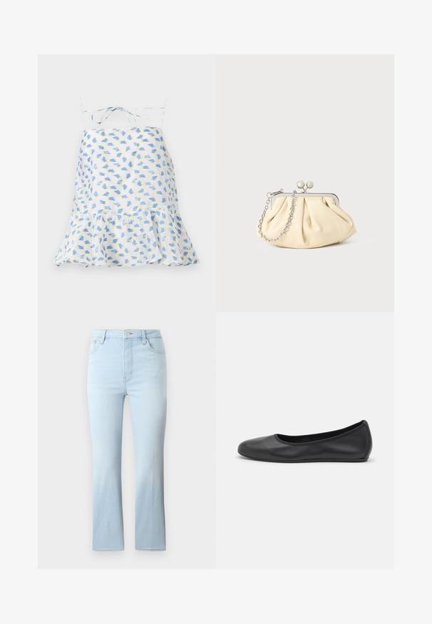 Weißes ärmelloses Kleid mit floralem Druck in Blau und Grün. Mit einem rüschengesäumten Saum und verstellbaren Trägern. Leichter Stoff, zarte Textur.; FRAME THE REBOOT CROP - Jeans Bootcut - light blue; Schwarze Leder-Ballettschuhe mit abgerundeter Spitze, glatter Textur, minimalen Nähdetails und einem flexiblen Sohlen-Design.; Faltige beigefarbene Ledertasche mit einem silbernen Metallrahmen, ausgestattet mit zwei runden dekorativen Verschlüssen und einem silbernen Kettenriemen.