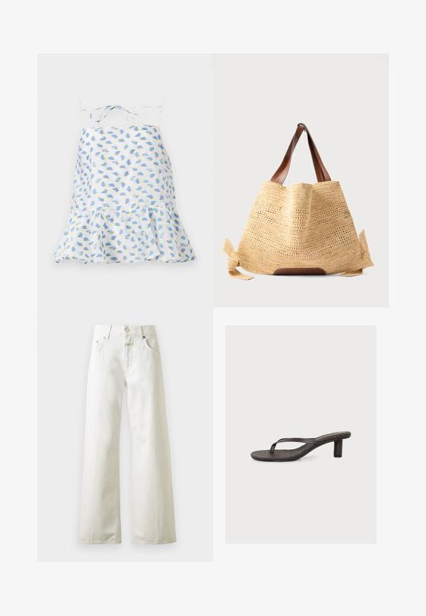 Witte mouwloze jurk met bloemenprint in blauw en groen. Heeft een gerimpelde zoom en verstelbare bandjes. Lichtgewicht stof, delicate textuur.; Witte jeans met hoge taille en brede pijpen, met vooraan knoop- en ritssluiting, riemlussen en vijf zakken op een lichte achtergrond.; Bruine sandaal met hak en teenriem, met een gestructureerd voetbed en smal enkelbandje, tegen een effen witte achtergrond.; Beige geweven strooien draagtas met bruine leren handvatten en zijstrikken, rechtopstaand tegen een effen achtergrond.