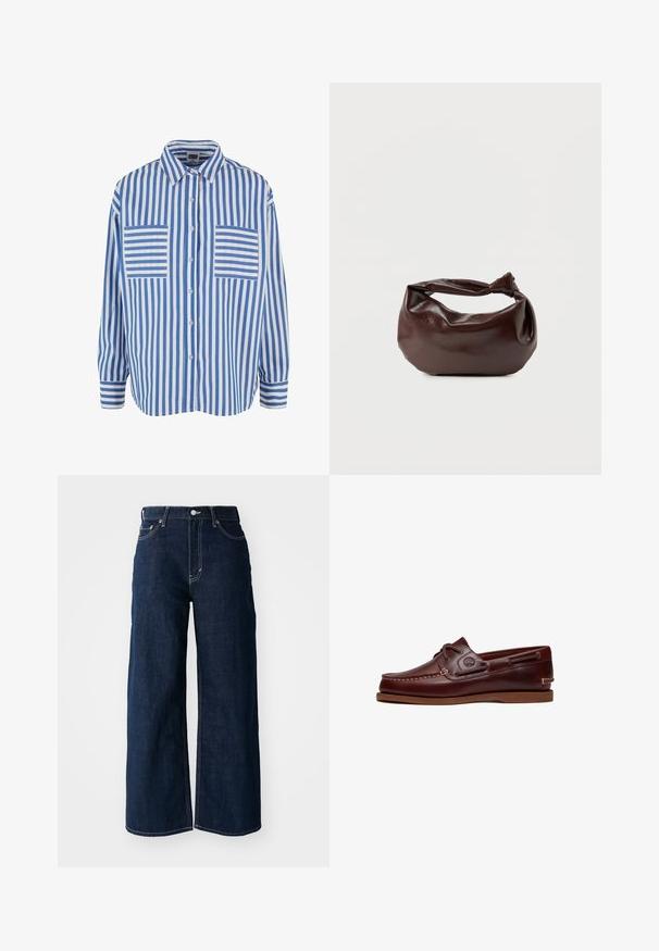 Blau-weiß gestreiftes Hemd mit Knopfleiste, langen Ärmeln und zwei Brusttaschen mit horizontalen Streifen. Baumwollmaterial, lockere Passform.; Weit geschnittene, dunkelblaue Jeans mit kontrastierenden Nähten, fünf Taschen und einem Knopfverschluss an der Taille.; Brauner Leder-Bootsschuh mit Schnürsenkeln, Nahtdetails und Timberland-Logo an der Seite, auf weißem Hintergrund gezeigt.; Dunkelbraune Lederschultertasche mit weicher, lockerer Form und einem gedrehten Knotengriff vor schlichtem weißem Hintergrund.