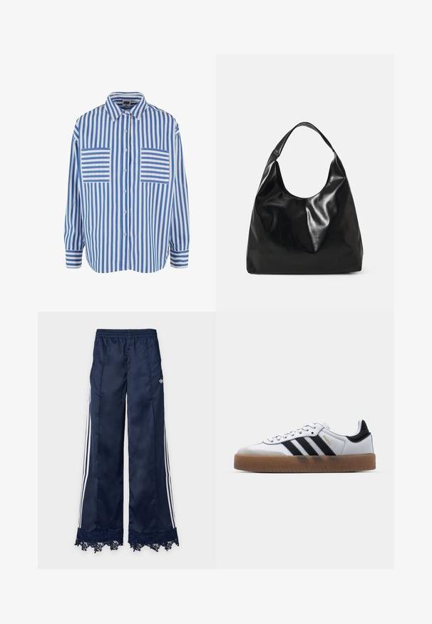 Blau-weiß gestreiftes Hemd mit Knopfleiste, langen Ärmeln und zwei Brusttaschen mit horizontalen Streifen. Baumwollmaterial, lockere Passform.; Marineblaue Trainingshose mit weitem Bein, weißen Seitenstreifen, elastischem Bund, adidas-Logo an der Hüfte und Spitzenbesatz am Saum.; Weiße Leder Sneakers mit schwarzen Streifen, Gummigummi-Außensohle, runder Zehenform, Schnürverschluss und weichem grauem Wildleder-Zehenkappe.; Schwarze Leder-Hobo-Tasche mit einer weichen, glänzenden Textur und einem runden, offenen Oberteil. Verfügt über einen breiten, gebogenen Tragegurt. Keine sichtbaren Beschläge.
