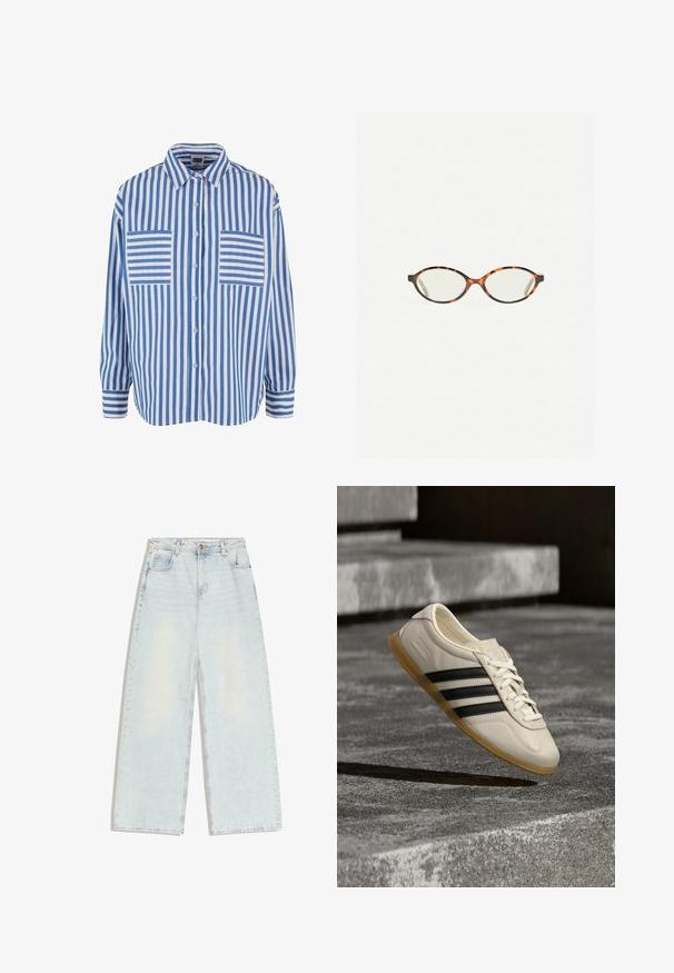 Blau-weiß gestreiftes Hemd mit Knopfleiste, langen Ärmeln und zwei Brusttaschen mit horizontalen Streifen. Baumwollmaterial, lockere Passform.; Hellblaue Jeans mit weitem Bein, fünf Taschen, Gürtelschlaufen und einem Knopfverschluss an der vorderen Bundkante.; Weißer Sneaker mit schwarzen Streifen und Gummisohle schwebt über Betontreppen im sanften Tageslicht.; Schildpatt-Eyegläser mit ovalen Gläsern und einer eleganten, glatten Oberfläche. Mit dünnen Seiten und einer subtilen Kurve an den Schläfen. Klare Gläser.