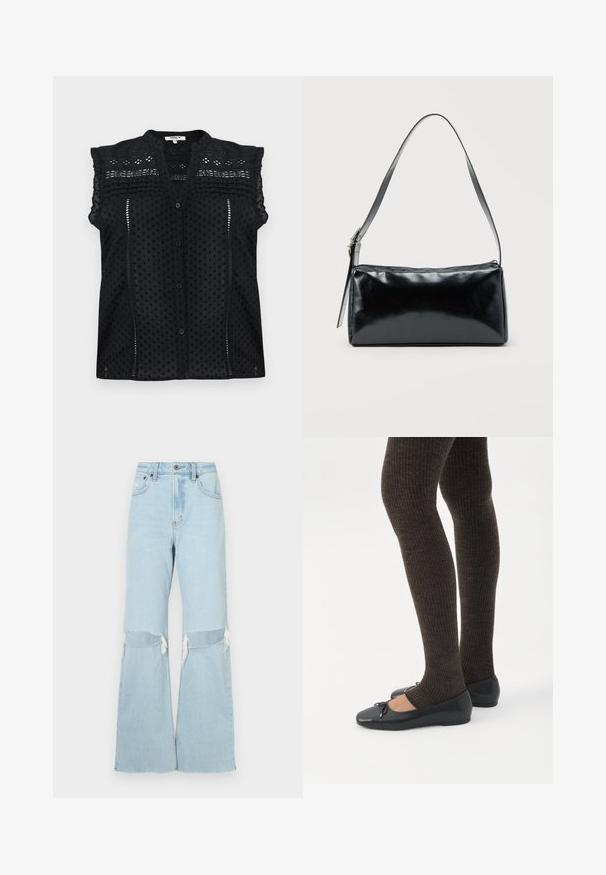 Blouse noire à manches courtes avec une fermeture à boutons, ornée de pois texturés, d'accents en dentelle délicate et d'un détail de volants superposés sur les épaules.; Jean en denim bleu clair, large et à taille haute, avec découpes aux genoux et ourlets effilochés. Fermeture éclair et bouton à l'avant, design classique à cinq poches.; Jambes portant des leggings côtelés foncés associés à des ballerines noires avec de petits détails en nœud sur fond blanc.; Sac d'épaule rectangulaire noir avec une sangle réglable unique et une fermeture éclair supérieure sur un fond uni.