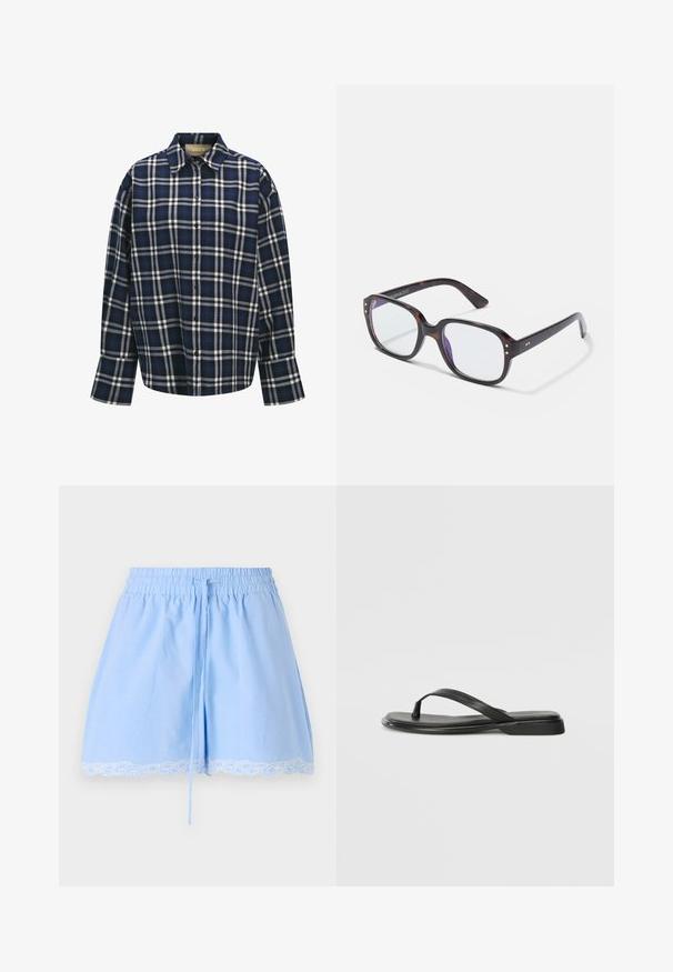 Karierte Hemd in Marineblau, Weiß und Schwarz. Mit Kragen, Knopfleiste und langen Ärmeln mit Manschetten. Weicher Stoff.; Himmelblaue Baumwollshorts mit einem gerafften Taillenbund, Kordelzugdetails und einer weißen Spitzenkante am Saum. Weicher Stoff und entspannter Schnitt.; Schwarze Flip-Flops aus glattem Leder, mit einem dünnen Riemendesign und einer flachen Sohle mit minimalem Profil. Keine bemerkenswerten Muster oder Akzente.; Schildkrötenmuster rechteckige Brille mit klaren Gläsern, die über robuste Rahmen, goldene Akzente und ein elegantes Design verfügt.