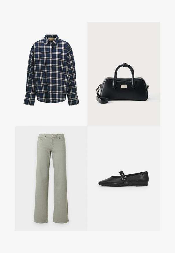 Geklede shirt in marineblauw, wit en zwart. Voorzien van een kraag, knopen aan de voorkant en lange mouwen met manchetten. Zachte stoftextuur.; Lichtgroene rechte broek met hoge taille, tailleband, knoop, rits en voor- en achterzakken op een witte achtergrond.; Zwarte leren platte schoen met een ronde neus, een enkele verstelbare gespsluiting en een gladde, glanzende textuur. Minimalistisch ontwerp met een lage hak.; Zwarte rechthoekige leren handtas met twee handvatten, afneembare schouderriem en klein zilverkleurig merklogo op de voorkant.
