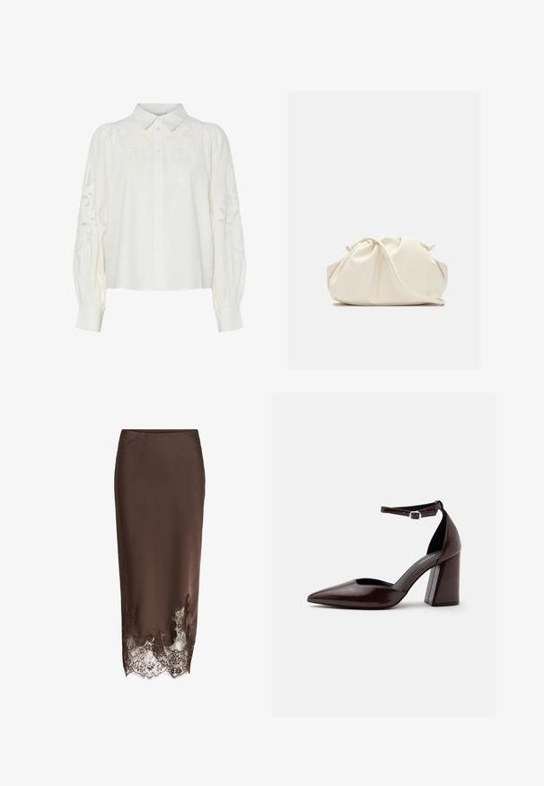 Chemise blanche à boutons avec des motifs floraux brodés sur le devant et les manches. Possède des manches bouffantes et un col classique.; Jupe midi en satin marron avec un ourlet en dentelle présentant des motifs floraux complexes et des bords festonnés.; Chaussure à talon haut en cuir marron foncé à bout pointu, avec bride à la cheville et boucle argentée sur fond blanc.; Pochette en cuir souple couleur crème avec un design froncé et une fine bandoulière reposant à l’avant sur un fond uni.