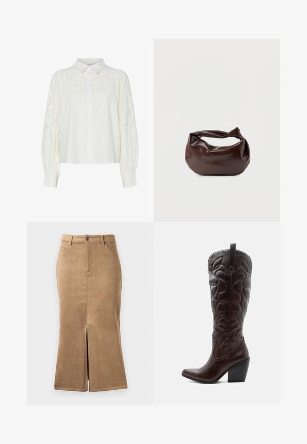Hvid skjorte med knapper og broderede blomsterMønstre på forsiden og ærmerne. Har puffede ærmer og en klassisk krave.; Brun ruskind midi-skirt med slids foran, kontrasterende syninger og fem-lomme design. Glat tekstur og tætsiddende facon.; Høj mørkebrun læder cowboystøvle med syede dekorative mønstre, spids tå og stablet blokhæle.; Mørkebrun læder skuldertaske med en blød, afslappet form og et snoet knudehåndtag på en ensartet hvid baggrund.