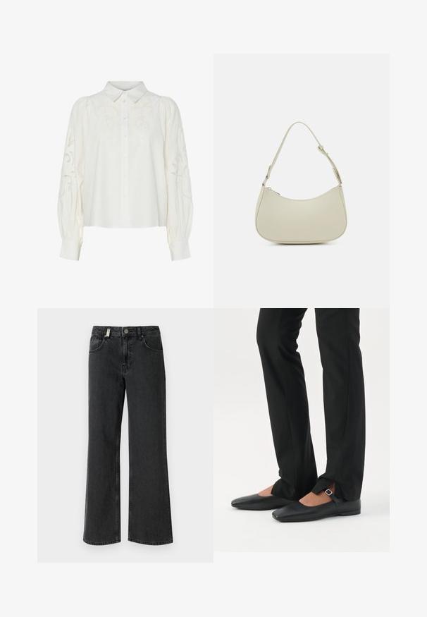 Camisa blanca de botones con estampados florales bordados en el frente y las mangas. Cuenta con mangas abullonadas y un cuello clásico.; Jeans de mezclilla negra de pierna ancha con talle medio, dos bolsillos frontales y costuras en contraste sobre una textura de tela suave.; Piernas con pantalones ajustados negros con aberturas frontales en el dobladillo, combinados con zapatos planos Mary Jane negros con una pequeña correa con hebilla.; Pieces PCALUANA SHOULDER BAG - Bolso de mano - birch