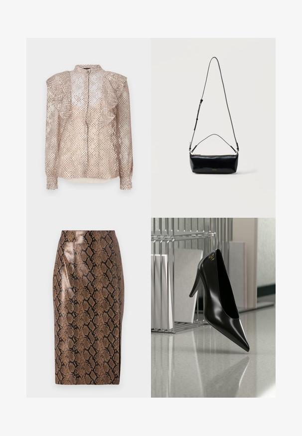 Blouse beige avec un motif à pois, épaules volantes et manches longues. Présente un devant à boutons et un tissu léger et transparent.; Jupe crayon en imprimé serpent marron avec une finition brillante, présentant un design ajusté et des coutures verticales pour une silhouette élancée.; Chaussure noire à talon haut avec bout pointu et logo doré, posée sur une surface réfléchissante près d'un organiseur de dossiers en fil chromé contenant des documents.; Sac bandoulière rectangulaire en cuir noir avec bandoulière ajustable, fermeture éclair sur le dessus et petit logo Calvin Klein doré sur le devant.