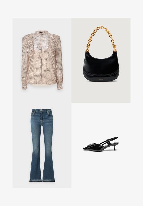 Blouse beige avec un motif à pois, épaules volantes et manches longues. Présente un devant à boutons et un tissu léger et transparent.; Jean évasé en denim bleu moyen avec taille haute, léger effet délavé, design à cinq poches et détails de couture visibles.; Talons aiguilles en cuir verni noir avec un bout pointu, un détail en nœud à l'avant et un petit talon stiletto. Les brides sont équipées de boucles ajustables.; Sac à main en cuir noir avec une texture lisse, une forme courbée et une grande anse en chaîne dorée. Présente le logo "Calvin Klein" embossé à l'avant.