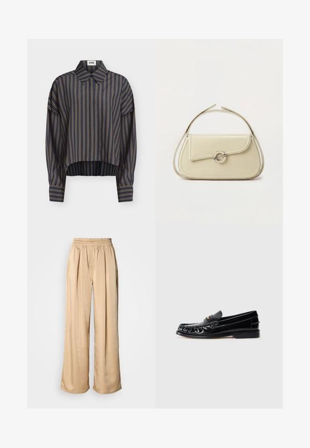 Chemise bleu marine à manches longues avec des rayures beiges verticales, col classique, poignets boutonnés et ourlet légèrement arrondi.; Pantalon beige à jambes larges avec taille élastique et plis à l'avant, fabriqué en tissu lisse et brillant.; Mocassins en cuir noir avec un bout arrondi, des coutures décoratives et un petit accent doré sur le dessus. Semelle en caoutchouc plate, design épuré.; Sac à main en cuir crème avec rabat incurvé, fermoir circulaire en argent et poignée courte sur le dessus, sur fond blanc uni.