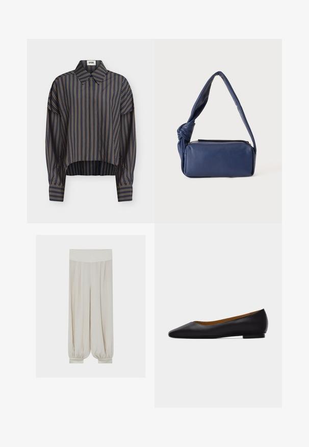 Chemise bleu marine à manches longues avec des rayures beiges verticales, col classique, poignets boutonnés et ourlet légèrement arrondi.; Pantalon beige ample avec large ceinture élastique et bas resserrés aux chevilles.; Chaussure plate en cuir noir à bout pointu avec talon bas et finition lisse, vue de côté sur un fond gris clair.; Sac à bandoulière rectangulaire en cuir bleu foncé avec une sangle douce nouée et une fermeture éclair sur le dessus, présenté sur un fond uni.