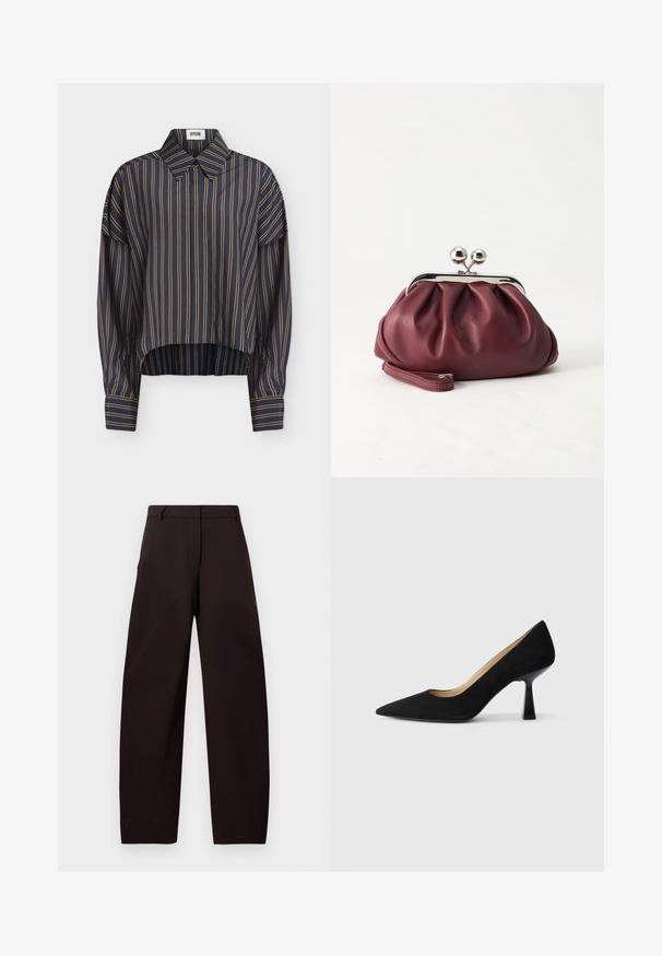 Chemise bleu marine à manches longues avec des rayures beiges verticales, col classique, poignets boutonnés et ourlet légèrement arrondi.; Pantalon marron à jambes larges et texture lisse. Dispose d'un devant plat, de passants pour ceinture et de poches latérales pour plus de fonctionnalité.; Pompe à talons hauts en suède noir avec un bout pointu, dotée d'un talon bloc noir brillant et d'une doublure intérieure lisse.; Petit sac pochette en cuir bordeaux avec fermoir métallique argenté et bracelet sur fond blanc.