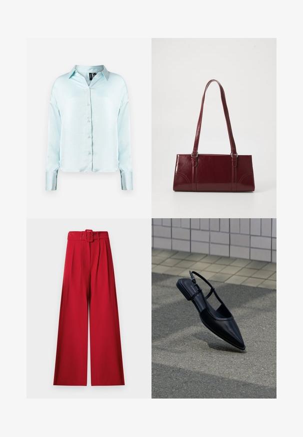 Chemise boutonnée à manches longues bleu clair avec un col classique, un tissu doux et un ourlet légèrement court avec des manches à poignets.; Pantalon rouge taille haute à jambes larges, avec plis à l'avant et ceinture assortie en tissu dotée d'une boucle rectangulaire.; Chaussure plate noire à bout pointu avec bride arrière, flottant au-dessus d'une surface en bitume à côté d'un trottoir carrelé.; Sac à main bordeaux en matériau brillant, de forme rectangulaire, avec deux anses et des accents légèrement courbés à l'avant.