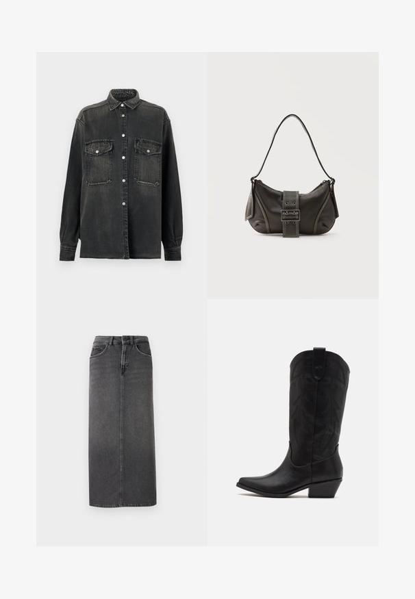Replay SHIRT - Πουκαμίσα με κουμπιά - dark grey; Γκρι τζιν midi φούστα με ίσια γραμμή, πέντε τσέπες και βρόχους ζώνης. Διαθέτει κλείσιμο με κουμπί μπροστά και μινιμαλιστική ραφή.; Μαύρη δερμάτινη καουμπόικη μπότες με μυτερή μύτη, χαμηλό σωρό τακούνι και περίπλοκο ανάγλυφο σχέδιο φύλλων στον κορμό. Λουράκι στην κορυφή για εύκολη χρήση.; Μαύρη δερμάτινη τσάντα ώμου με λεπτομέρεια ιμάντα με πόρπη, καμπυλωτές άκρες και αντίθετη λευκή ραφή σε απλό φόντο.