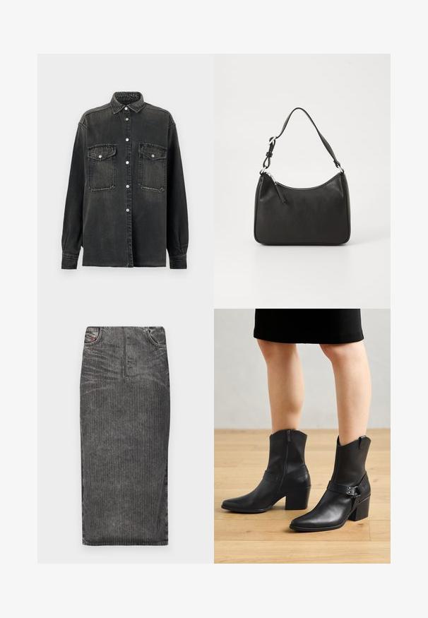 Replay SHIRT - Skjortebluser - dark grey; Grå denim midi-skjørt med vertikale striber, med høj talje, fem lomme-design og en ren kant.; Sorte læder ankelstøvler med spids tå, lynlås lukning, buet hæl og en dekorativ rem med metal detaljer.; Sort læderhåndtaske med en buet form, en enkelt rem, lynlås lukning og diskret branding på forsiden. Glat tekstur, minimalistisk design.