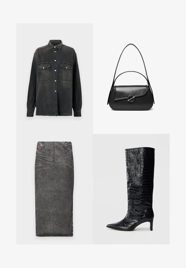 Replay SHIRT - Skjortebluser - dark grey; Grå denim midi-skjørt med vertikale striber, med høj talje, fem lomme-design og en ren kant.; Sorte knæhøje støvler med en blank, krokodillemønstret tekstur, spids tå og en affaset hæl. Glat syntetisk materiale.; Sort skuldertaske i læder med en buet klap, der er fastgjort med en rund metal spænde, og en slank, justerbar rem.