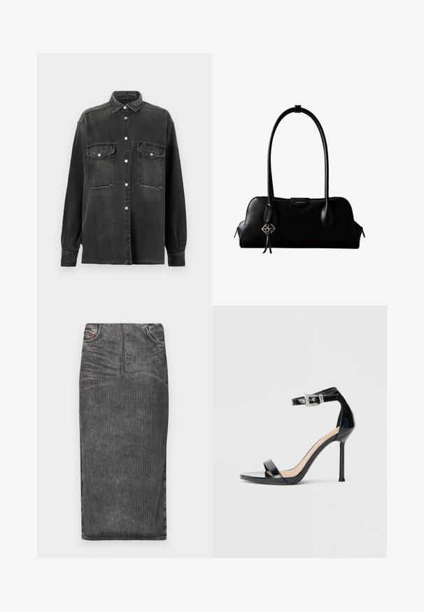Replay SHIRT - Overhemdblouse - dark grey; Grijze denim midi-rok met verticale streepjes, voorzien van een hoge taille, vijf-pocket ontwerp en een nette zoom.; Zwarte sandalen met hoge hak van lakleer en een enkelriempje. Heeft een minimalistisch ontwerp, open teen en een gesp met strass-steentjes.; Zwarte leren Calvin Klein handtas met lange hengsels, een logo-label aan de voorkant en een zilverkleurige geometrische hanger die aan één hengsel hangt.