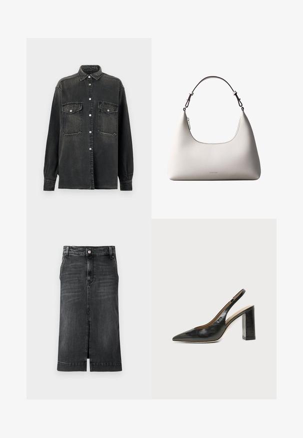 Replay SHIRT - Blusa - dark grey; Falda de mezclilla oscura con un corte recto, a la altura de la rodilla, una abertura frontal y un diseño clásico de cinco bolsillos. Cuenta con un cierre de botón y lazos para cinturón.; Zapato slingback de piel negra con puntera puntiaguda, tacón alto y ancho, y forro interior beige sobre un fondo claro y liso.; Bolso de hombro de cuero color crema de Calvin Klein con borde superior curvado, cremallera plateada y correa ajustable marrón oscuro.