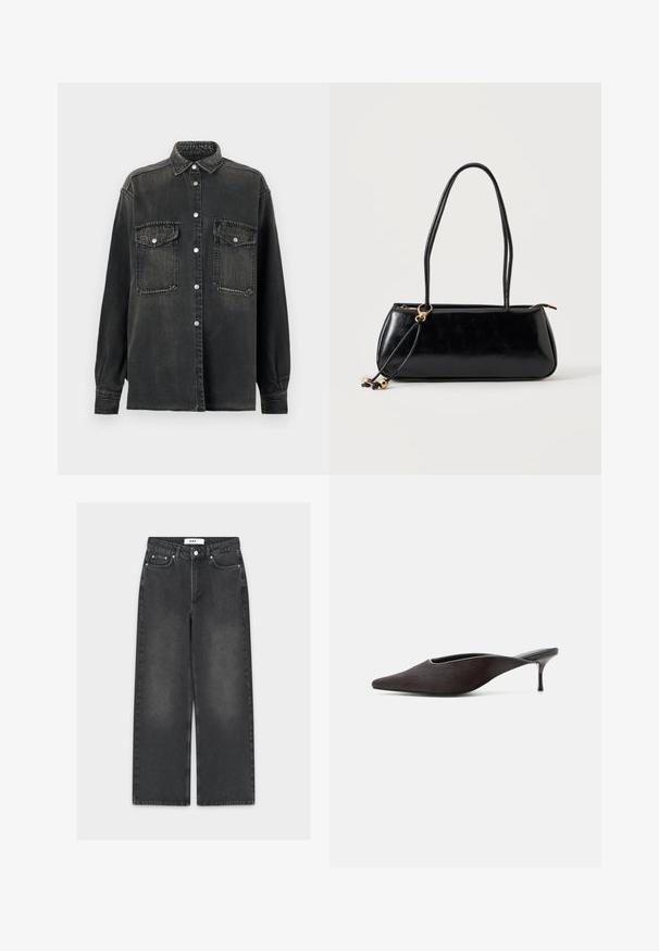 Replay SHIRT - Πουκαμίσα με κουμπιά - dark grey; Μαύρο τζιν παντελόνι με φαρδιά μπατζάκια και ξεθωριασμένο φινίρισμα, με κούμπωμα κουμπιών και φερμουάρ, σχέδιο με πέντε τσέπες και αντίθετη ραφή.; Μαύρο παπούτσι mule με μυτερή μύτη, χαμηλό τακούνι στιλέτο και λείο, γυαλιστερό φινίρισμα, εμφανιζόμενο από το πλάι σε λευκό φόντο.; Μαύρη ορθογώνια τσάντα με δύο μακριές λωρίδες, λεπτομέρεια με χρυσό κρίκο και φερμουάρ σε απλό ανοιχτό φόντο.
