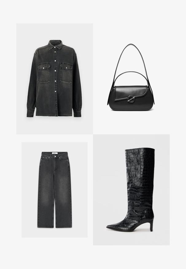 Replay SHIRT - Blúzka so zapínaním na gombíky - dark grey; Čierne rifle s širokými nohavicami a vyblednutým efektom, vybavené zapínaním na gombík a zips, dizajnom s piatimi vreckami a kontrastným prešitím.; Čierne čižmy po kolená s lesklým krokodílím vzorom, špicatou špičkou a zužujúcim sa opätkom. Hladký syntetický materiál.; Čierna kožená kabelka cez rameno s zakriveným chlopňovým uzáverom, ktorý je zabezpečený okrúhlym kovovým zapínaním a úzkym, nastaviteľným remienkom.