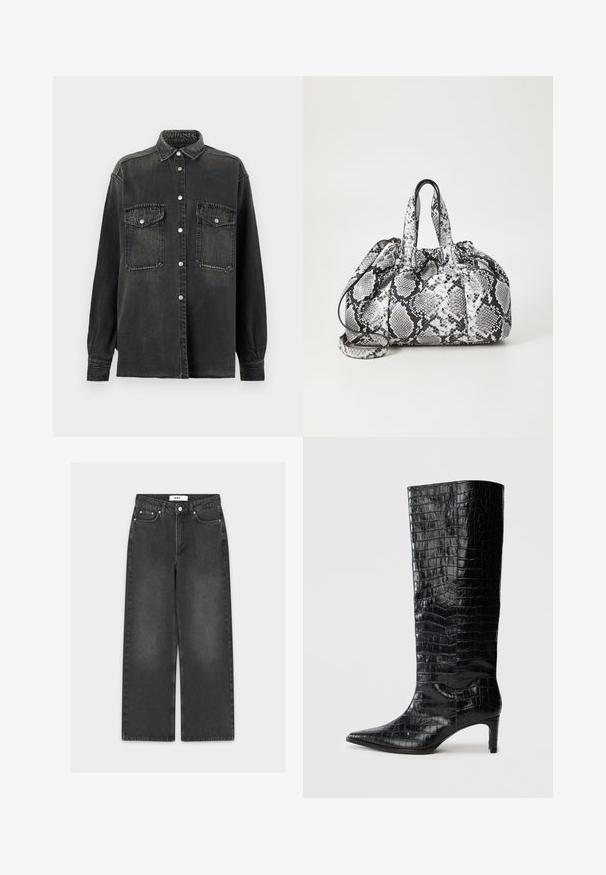 Replay SHIRT - Skjortebluser - dark grey; Sorte jeans med vide ben i denim med en falmet finish, der har lukning med knap og lynlås, fem-lomme-design og kontrasterende syninger.; Sorte knæhøje støvler med en blank, krokodillemønstret tekstur, spids tå og en affaset hæl. Glat syntetisk materiale.; Håndtaske med sort og hvid slidmønster, to håndtag, snøre lukning og aftagelig skulderrem. Glat tekstur.