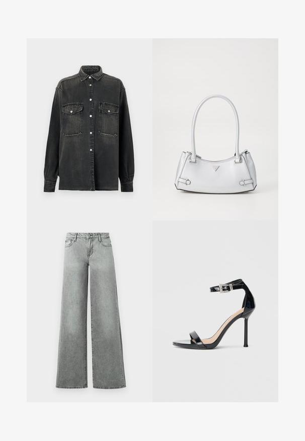 Replay SHIRT - Blúzka so zapínaním na gombíky - dark grey; Šedé široké džínsy vyrobené z denimu, s piatimi vreckami, vysokým pásom a mierne vyblednutým povrchom s viditeľným šitím.; Čierna vysoká sandála z lakovanej kože s popruhom okolo členka. Vyznačuje sa minimalistickým dizajnom, otvorenou špičkou a prackou zdobenou trblietavými kamienkami.; Strieborná kabelka so štruktúrovaným dizajnom, s dvoma ušami, lesklou textúrou, akcentovaným hardvérom a trojuholníkovým logom na prednej strane.