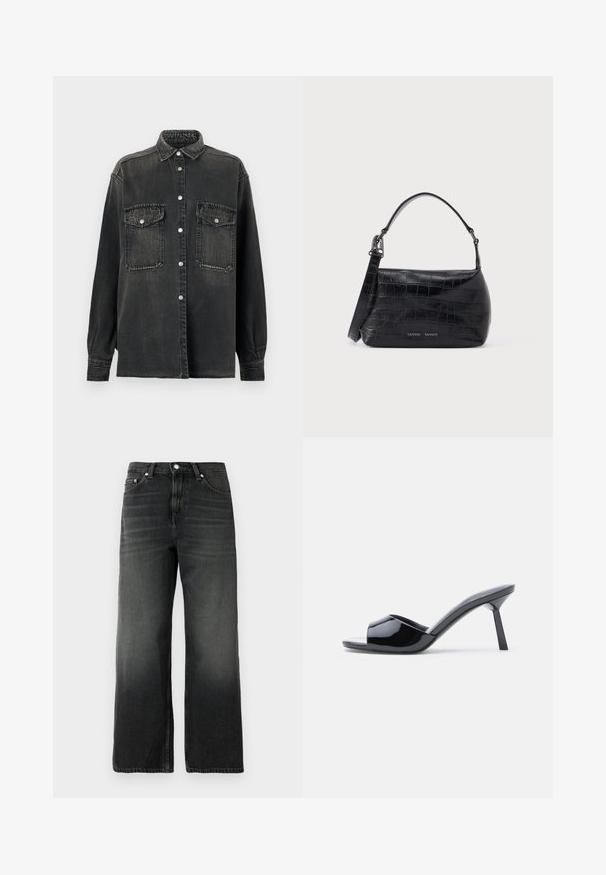 Replay SHIRT - Blúzka so zapínaním na gombíky - dark grey; Čierne džínsy z denimu s uvoľneným strihom, rovnými nohavicami, vyblednutou textúrou, piatimi vreckami a strieborným gombíkom na zapínanie v páse.; Čierne lakované kožené sandále na podpätku s otvorenou špičkou, s výrazným zakriveným horným dizajnom a štíhlym ihlovým podpätkom. Hladký lesklý povrch.; Čierna kožená kabelka s krokodýlim vzorom, hornou rukoväťou a potlačou loga na prednej strane.