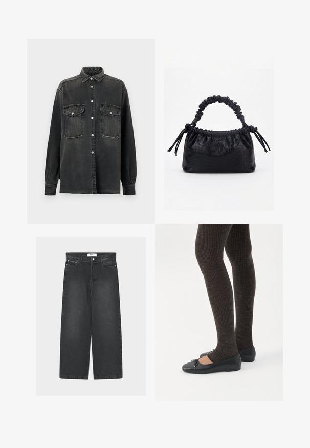 Replay SHIRT - Blúzka so zapínaním na gombíky - dark grey; Čierne široké rifle z denimu s vysokým pásom, prednými vreckami a zapínaním na gombík. Majú sťahovací pás a hladkú textúru.; Nohy v tmavých pásikavých legínach v kombinácii s čiernymi balerínkami s malými mašličkami na bielom pozadí.; Čierna kabelka s krokodíľou textúrou, riaseným horným okrajom, zhromaždenou rukoväťou a šnúrkami s strapcami na každej strane na bielom pozadí.