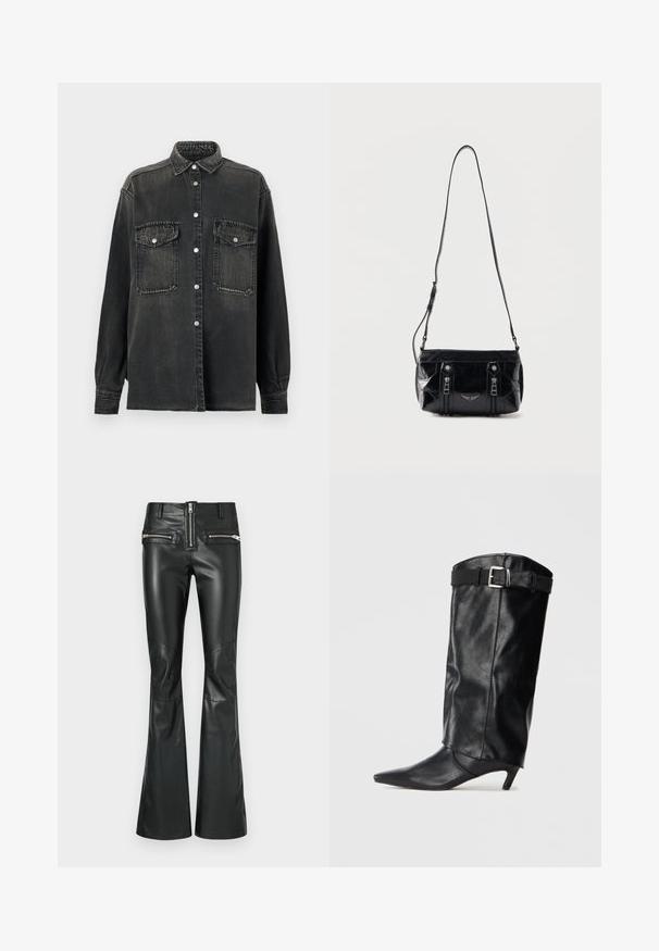 Replay SHIRT - Blusa - dark grey; Pantalones acampanados de cuero negro con talle alto, que cuentan con dos bolsillos delanteros con cremallera y paneles en las rodillas para un diseño detallado.; Bota negra de cuero hasta la rodilla con punta afilada y un pequeño tacón. Presenta un cinturón en la parte superior con una hebilla plateada. Textura suave.; Bolso de hombro de cuero negro con correa ajustable, dos cremalleras verticales frontales y un pequeño emblema metálico de ala debajo de las cremalleras.