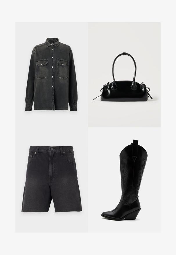 Replay SHIRT - Πουκαμίσα με κουμπιά - dark grey; Μαύρα τζιν σορτς με ίσια γραμμή, με κούμπωμα κουμπιού, μπροστινές τσέπες και υφή υφάσματος. Μινιμαλιστικός σχεδιασμός, χωρίς ορατά σχέδια.; Μαύρη δερμάτινη καουμπόικη μπότα με μυτερή μύτη, κεκλιμένο τακούνι τύπου μπλοκ, διακοσμητική ραφή και θηλιές στην κορυφή με φόντο το λευκό.; Μικρή μαύρη γυαλιστερή τσάντα με δύο μακριές λαβές και λεπτομέρειες με ρυθμιζόμενο κορδόνι στο πλάι σε απλό ανοιχτό φόντο.