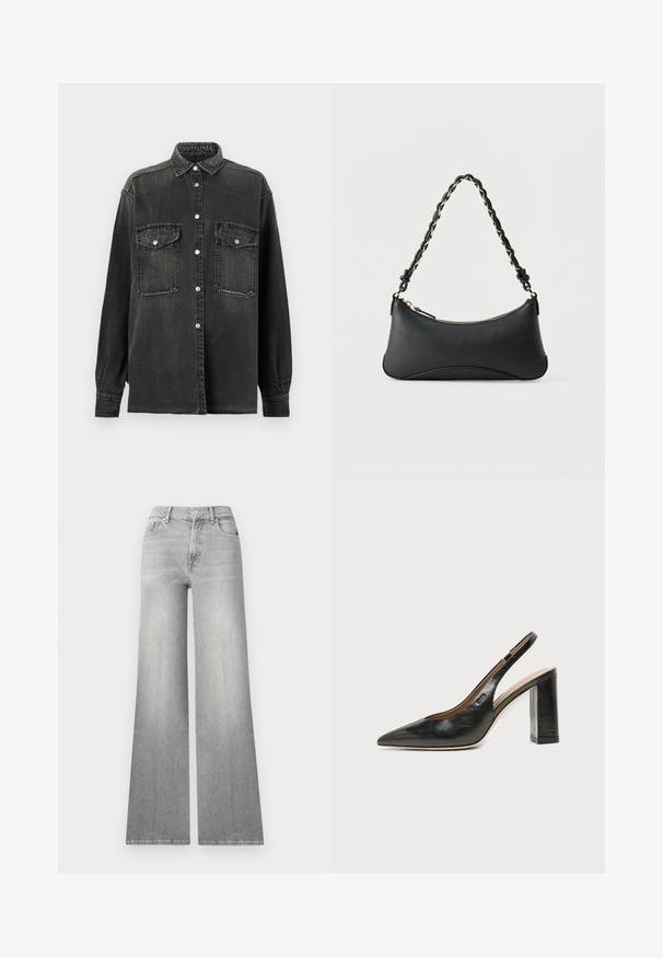 Replay SHIRT - Overhemdblouse - dark grey; Grijze denim jeans met wijde pijpen en een vervaagde afwerking, voorzak en knoopsluiting. Heeft een rechte pijp en een klassieke zoom.; Zwarte leren slingback schoen met spits toelopend neusje, hoge blokhak en beige binnenvoering tegen een effen lichte achtergrond.; Zwarte lederen schoudertas met een gebogen rechthoekige vorm, gouden ketting verweven in een gevlochten zwarte band, en een ritssluiting bovenop.