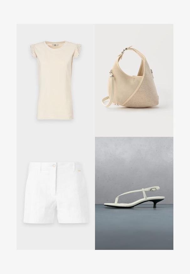 TWINSET Pluus - almond beige/dark almond beige; Valged puuvillased lühikesed püksid sirge lõikega, millel on eesnuppe sulgemine ja küljetaskud. Sile tekstuur minimaalsete detailidega.; Valge rihmadega kitten-kontsaga sandaal, millel on terav ninaosa, hõljumas puidust plaatpõranda kohal õues, taustal hägune taim ja sein.; Beežikaarekujuline käekott, millel on segatud kangatekstuurid, lühike käepide ja eemaldatav õlapael, hele taust.